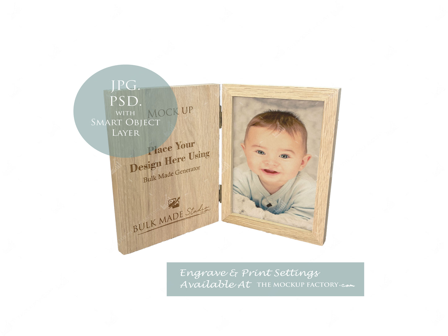 Oak Book Photo Frame Baby Theme Mockup - Print & Engraving -Natural Botanicals - PSD Templates with Smart Object - UK Product Mockup