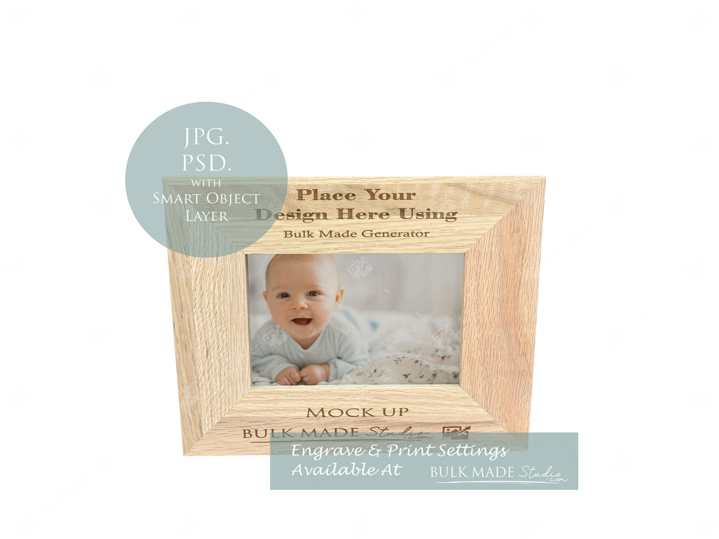 Oak 6X4" Photo Frame Mockup - Print & Engraving - Scandi Pine - PSD Templates with Smart Object - UK Product Mockup