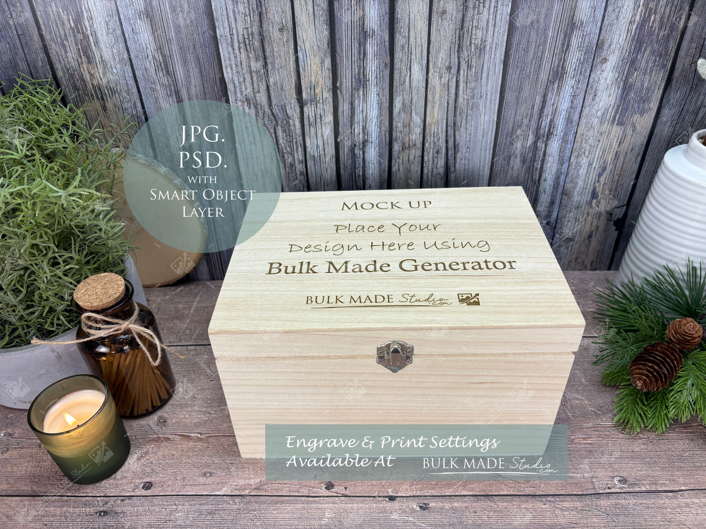 Deep Rectangle Wooden Box Mockup - Engrave or Print - Scandi Pine - PSD Templates with Smart Object - UK Product Mockup