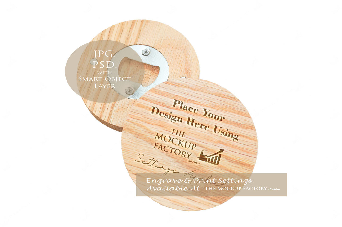 Round Wooden Oak Magnetic Bottle Opener 8cm Mockup PSD - Dark Vintage Style Mockup - Smart Object Template with Smart Object - UK Product Mockup
