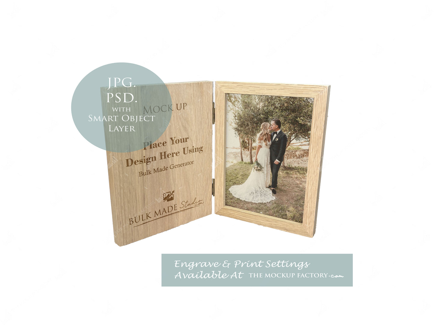 Oak Book Photo Frame Mockup - Print & Engraving -Natural Botanicals - PSD Templates with Smart Object - UK Product Mockup