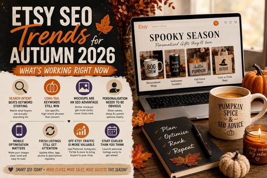Etsy SEO Trends for Autumn 2026 featuring seasonal optimisation tips, Halloween marketing ideas and Etsy listing best practices.