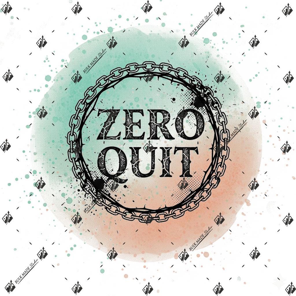 a bold, black and white graphic design with the text "ZERO QUIT" prominently displayed in the center. The design is surrounded by a circular pattern of small black and white shapes, creating a visually striking and dynamic composition.