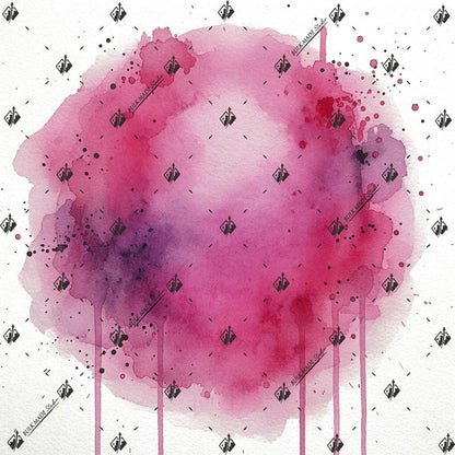 The image is a watercolor painting with a pink and purple color scheme, featuring a large, abstract shape resembling a flower or a cloud. The painting is adorned with small black dots or splatters scattered throughout the composition, adding texture and depth to the overall design.