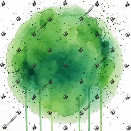 The image is a watercolor painting featuring a large green circle with splashes of green paint. The painting has a textured, abstract appearance with small black dots scattered throughout the green background.