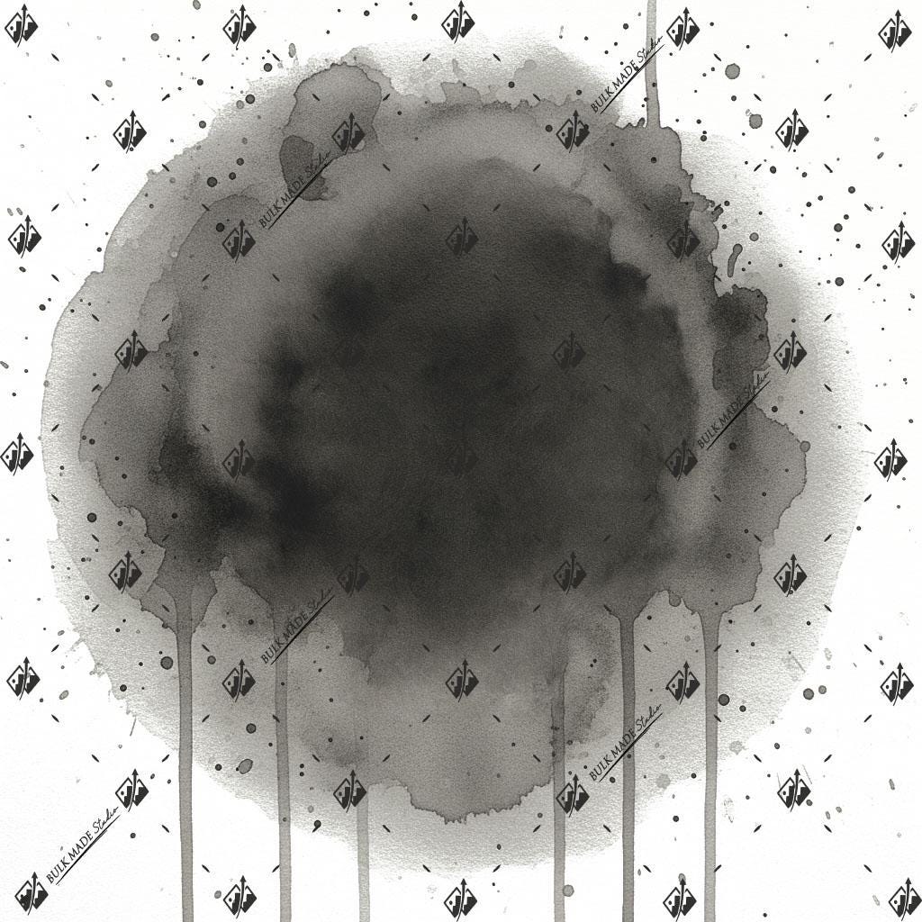 The image is a black and white abstract artwork featuring a large, circular shape with a dark, smudgy texture. The artwork is surrounded by scattered splatters and drips of ink or paint, creating a sense of movement and energy. The image does not contain any discernible text or specific objects, and the overall composition is minimalistic and focused on the interplay of shapes, lines, and textures.