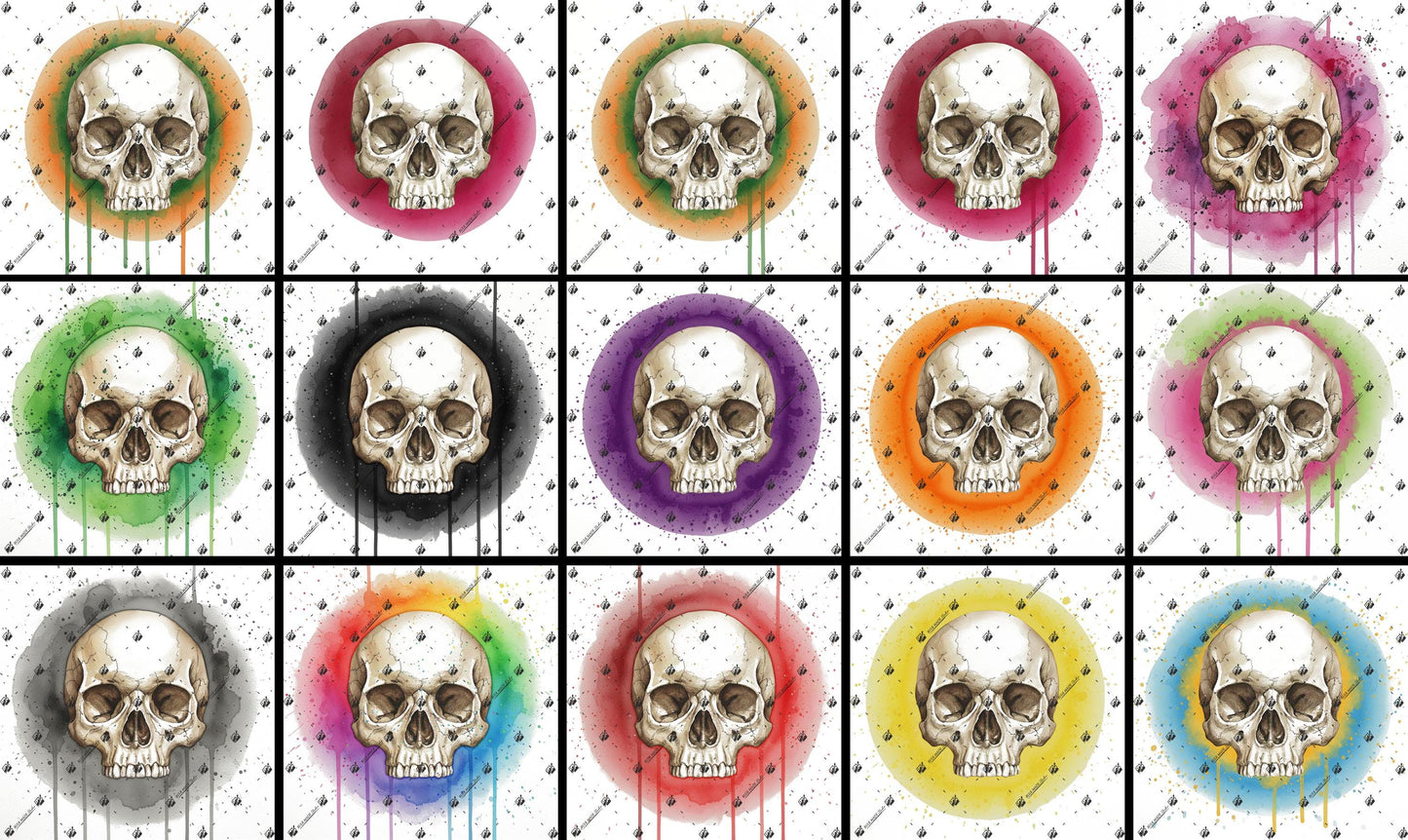 a grid of twelve circular images, each featuring a white skull with a different color around the edges. The skulls are arranged in a symmetrical pattern, creating a visually striking and repetitive design.