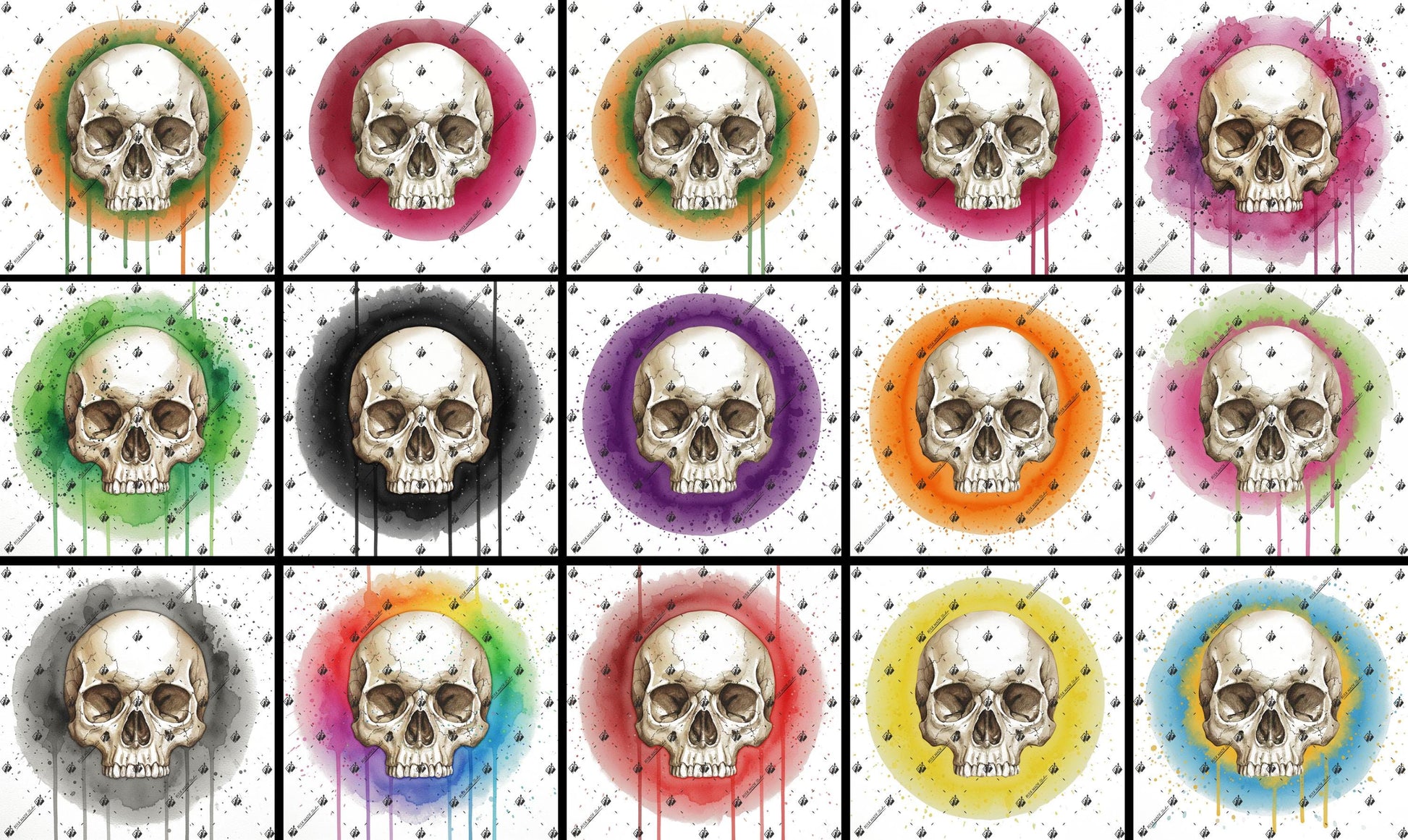 a grid of twelve circular images, each featuring a white skull with a different color around the edges. The skulls are arranged in a symmetrical pattern, creating a visually striking and repetitive design.