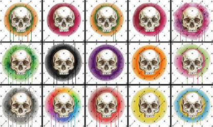 a grid of twelve circular images, each featuring a white skull with a different color around the edges. The skulls are arranged in a symmetrical pattern, creating a visually striking and repetitive design.