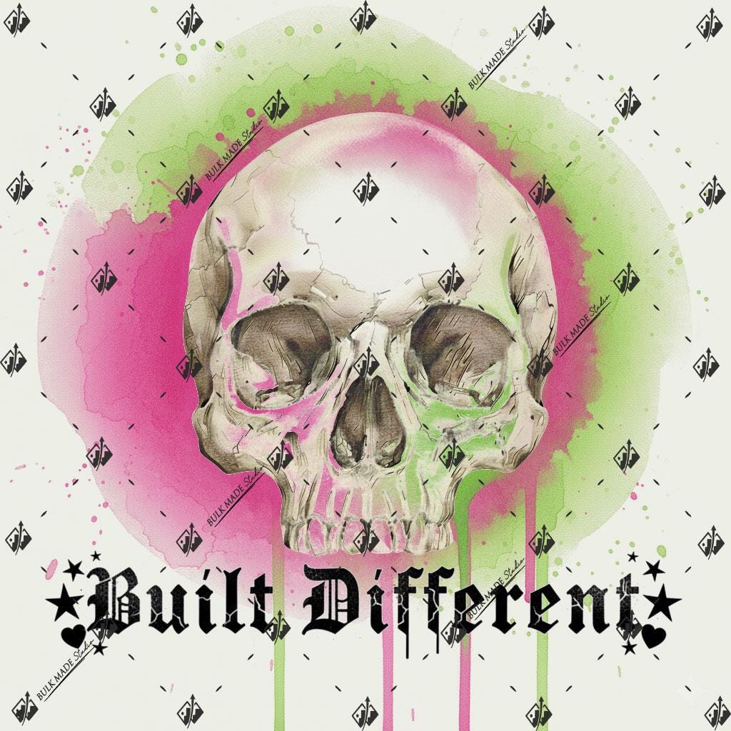a skull with a green and pink background, accompanied by the text "Built Different" in a stylized font.