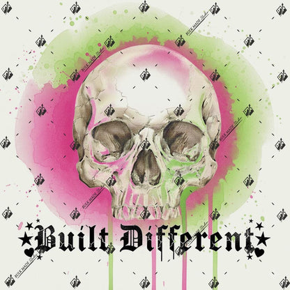 a skull with a green and pink background, accompanied by the text "Built Different" in a stylized font.