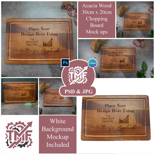 Acacia Rectangle Chopping Board Mockup Template Bundle  - Dark Vintage Set 2 - PSD & JPG with Smart Object - UK Product Mockup