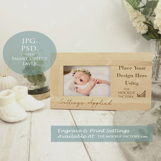 Oak Long Landscape Photo Frame Baby Theme Mockup - Print & Engraving  -Natural Botanicals - PSD Templates with Smart Object - UK Product Mockup