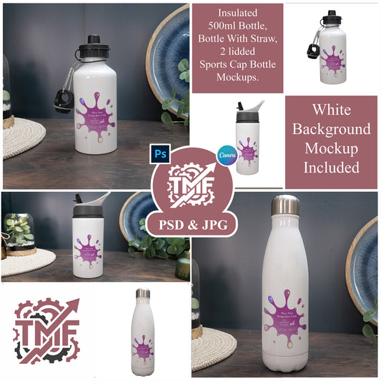 White Metal Sublimation Drink Bottle Mockups Bundle - Cola Insulated - Straw - 2 Lid - Dark Vintage - PSD Template with Smart Object - UK Product Mockup