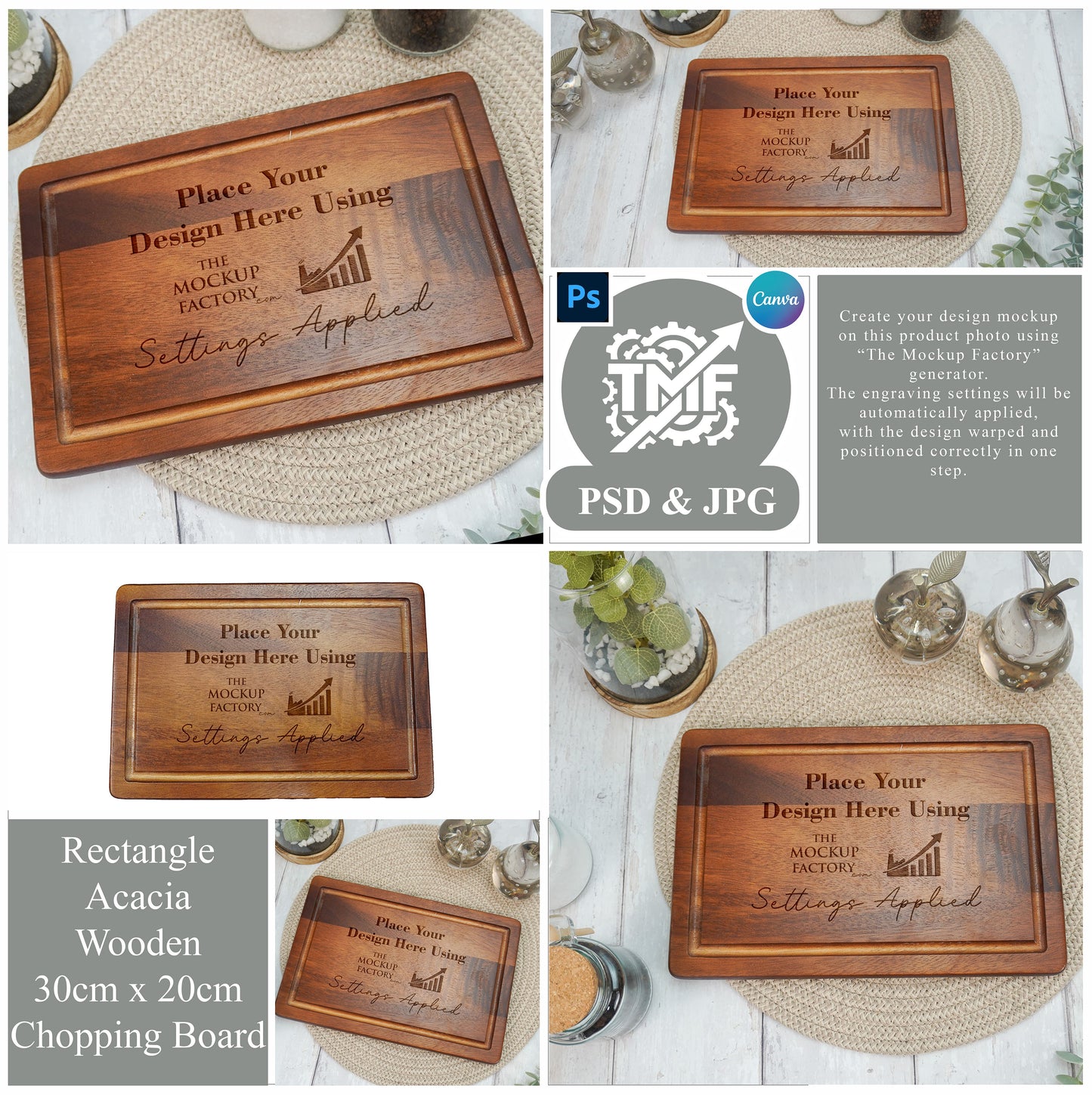 Acacia Rectangle Chopping Board Mockup Bundle PSD - Natural Botanicals Style Mockup - Smart Object Template with Smart Object - UK Product Mockup