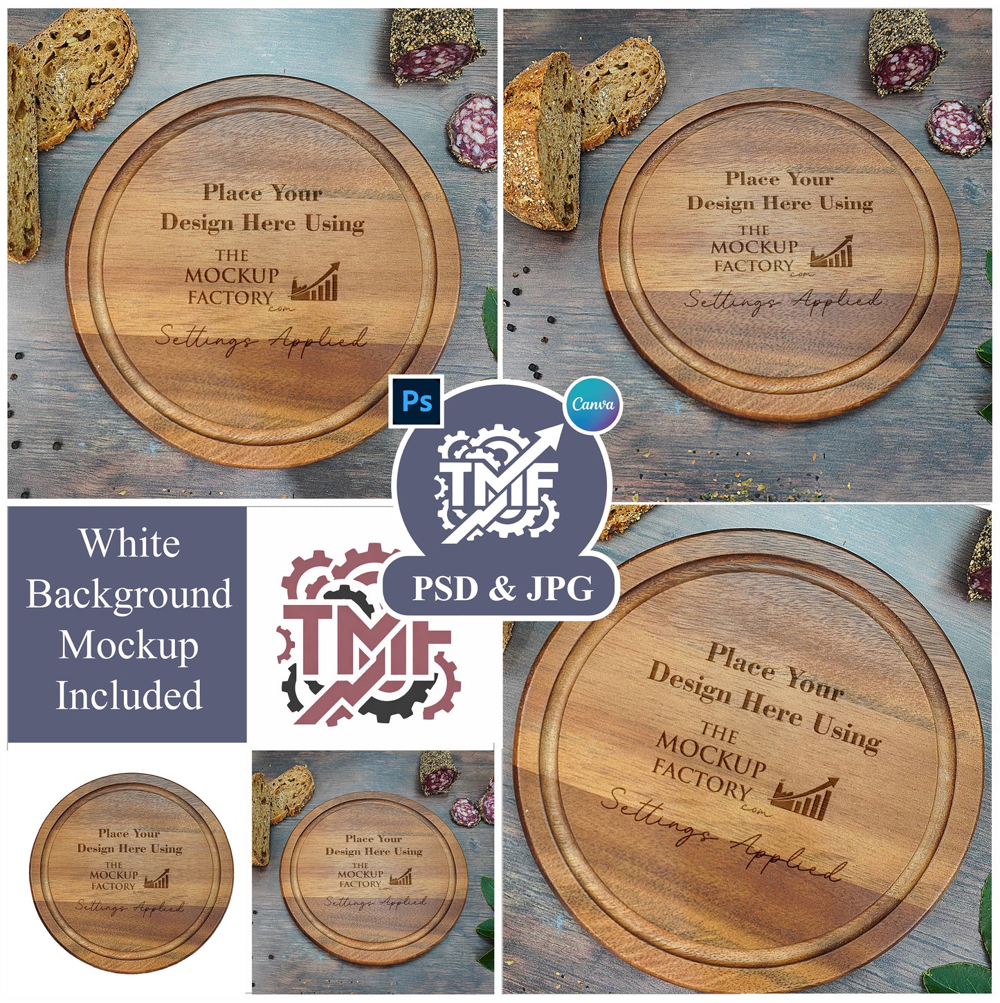 Acacia Round Chopping Board Mockup Template Bundle - Dark Vintage Set 2 - PSD & JPG with Smart Object - UK Product Mockup