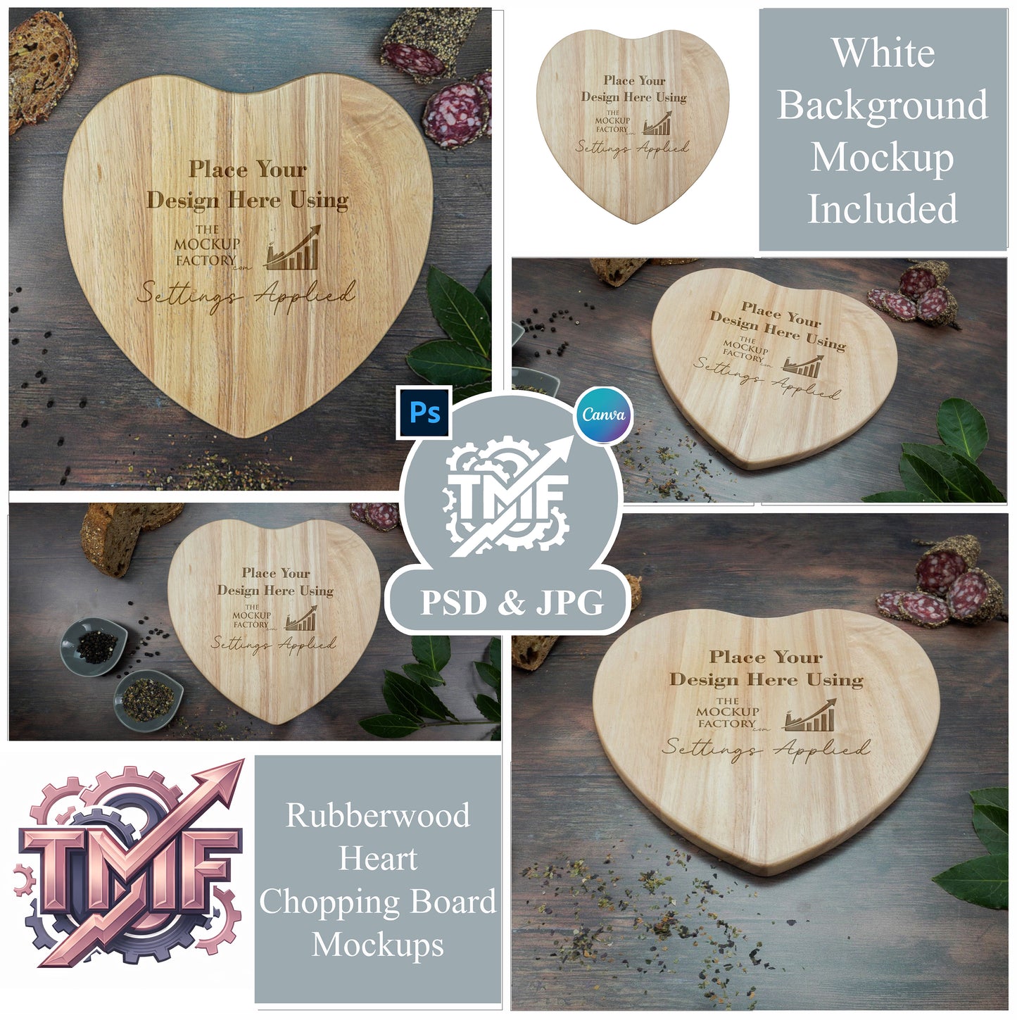 Heart Shape Rubberwood Chopping Board Mockup Bundle - Dark Vintage - Set 2 - PSD Template with Smart Object - UK Product Mockup