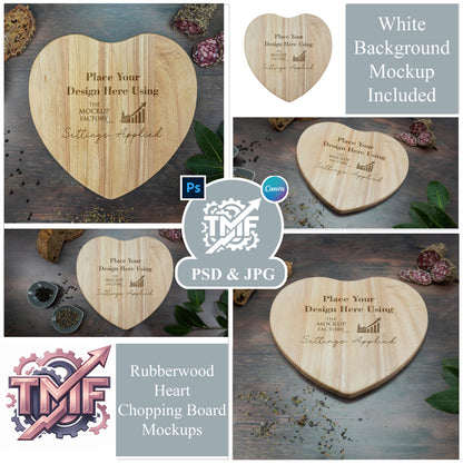 Heart Shape Rubberwood Chopping Board Mockup Bundle - Dark Vintage - Set 2 - PSD Template with Smart Object - UK Product Mockup