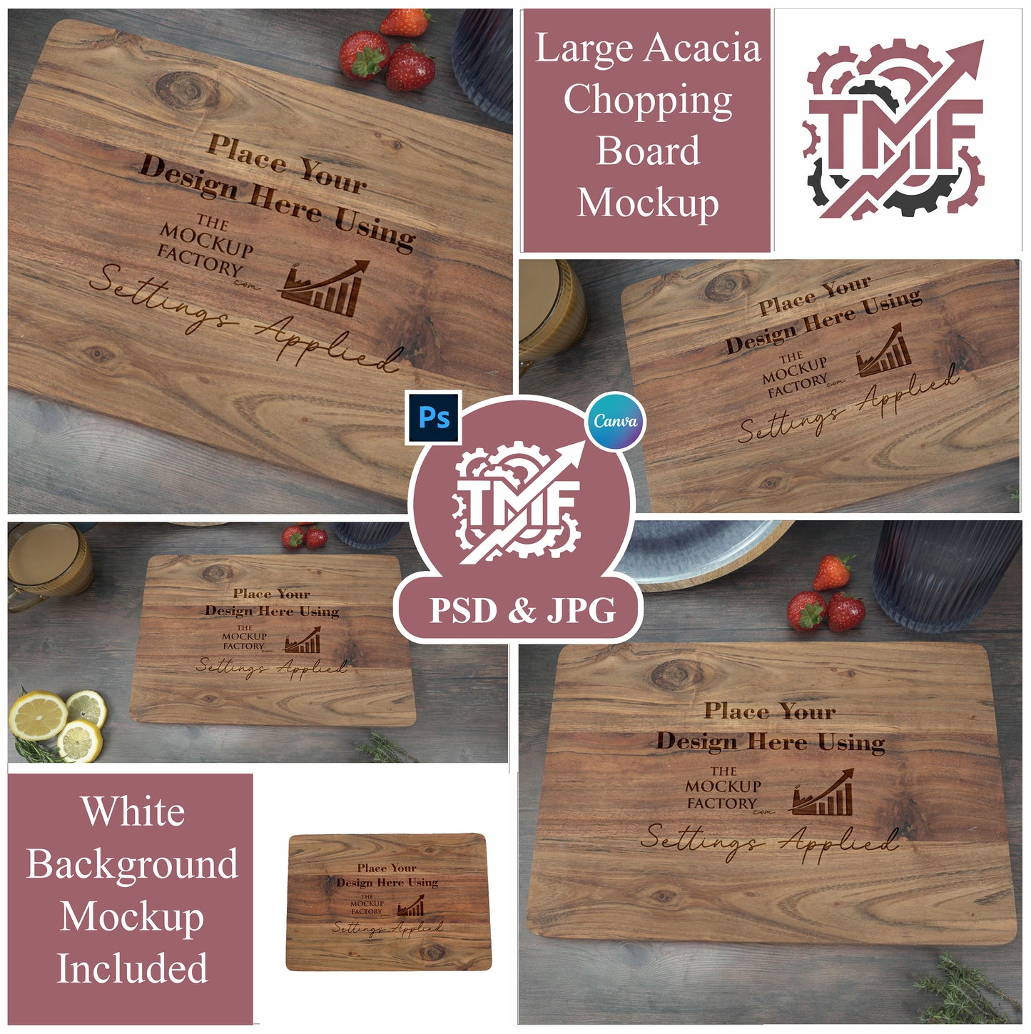 Large Acacia Rectangle Chopping Board Mockup Template Bundle - Dark Vintage - PSD & JPG with Smart Object - UK Product Mockup
