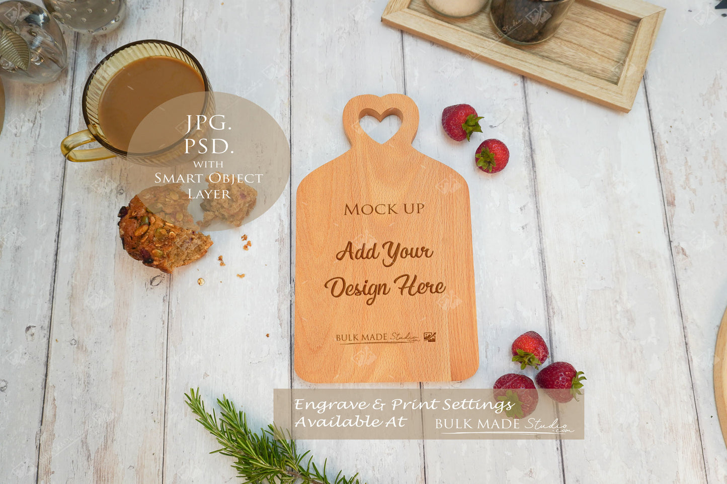 Heart Top Beech Chopping Board Mockup PSD Bundle - Summer Floral Style Mockup - Smart Object Template with Smart Object - UK Product Mockup