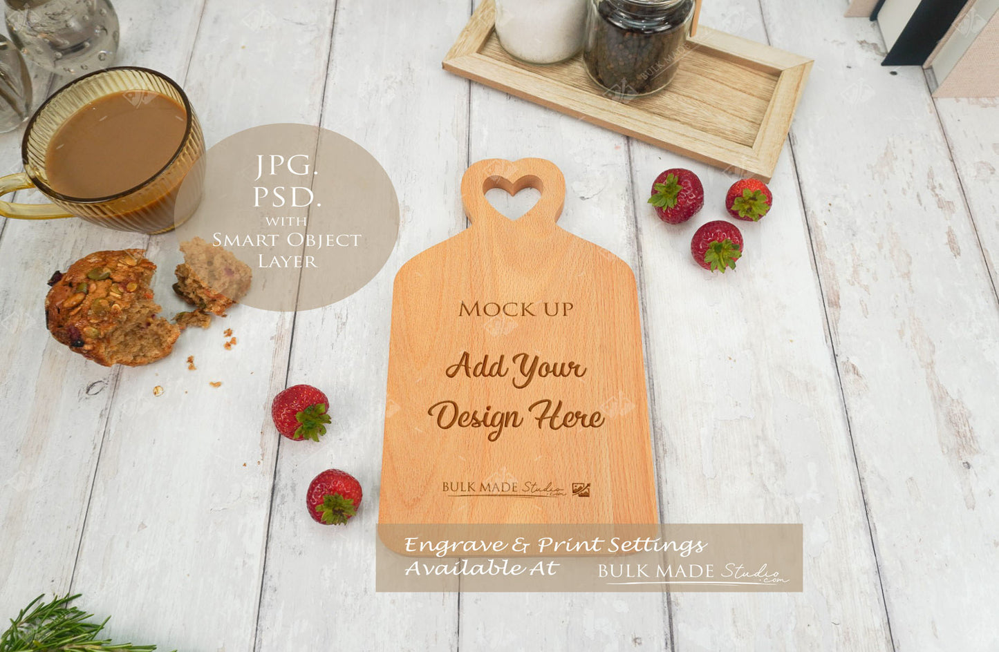 Heart Top Beech Chopping Board Mockup PSD Bundle - Summer Floral Style Mockup - Smart Object Template with Smart Object - UK Product Mockup