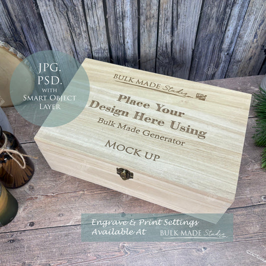 Rectangle Paulownia Wooden Box Mockup - Engrave or Print - Scandi Pine - PSD Templates with Smart Object - UK Product Mockup