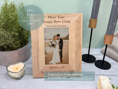 Oak 6X4" Photo Frame Mockup Bundle - Print & Engraving  - Pastel Floral - PSD Templates with Smart Object - UK Product Mockup