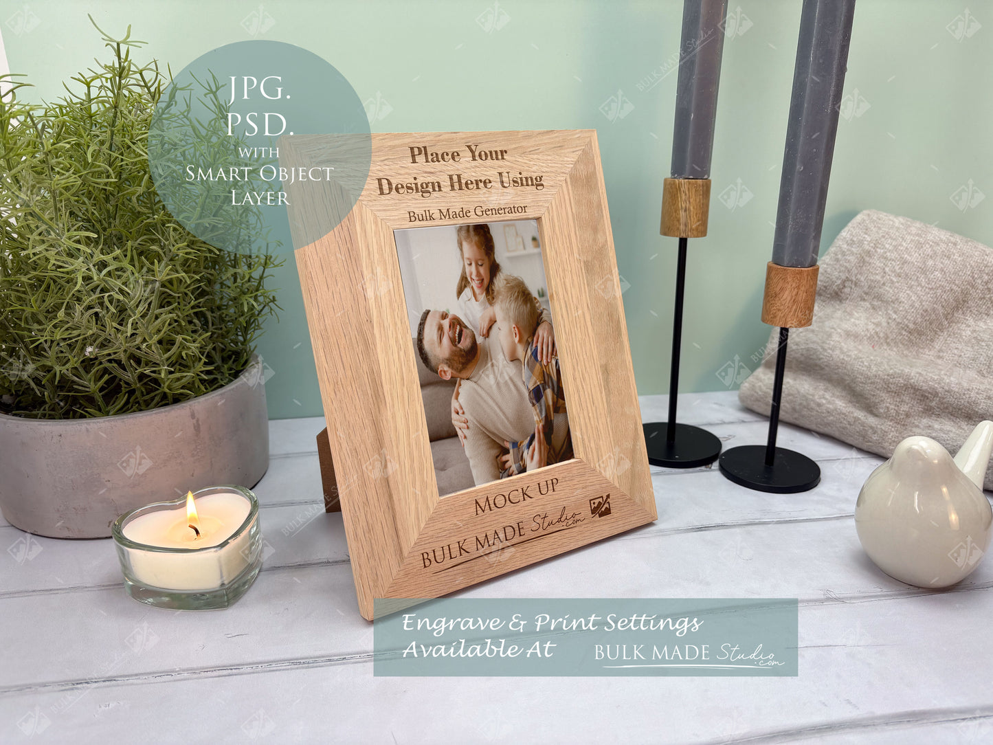 Oak 6X4" Photo Frame Mockup Bundle - Print & Engraving  - Pastel Floral - PSD Templates with Smart Object - UK Product Mockup