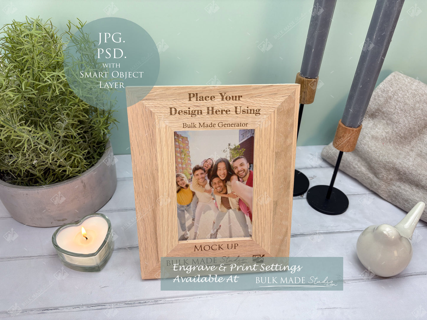 Oak 6X4" Photo Frame Mockup Bundle - Print & Engraving  - Pastel Floral - PSD Templates with Smart Object - UK Product Mockup