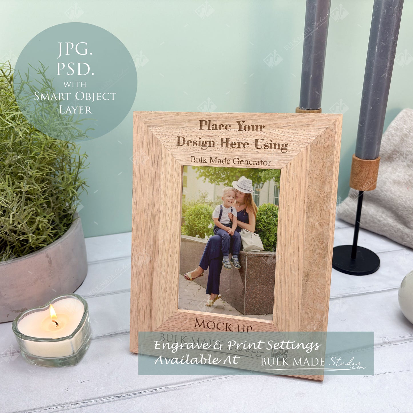 Oak 6X4" Photo Frame Mockup Bundle - Print & Engraving  - Pastel Floral - PSD Templates with Smart Object - UK Product Mockup