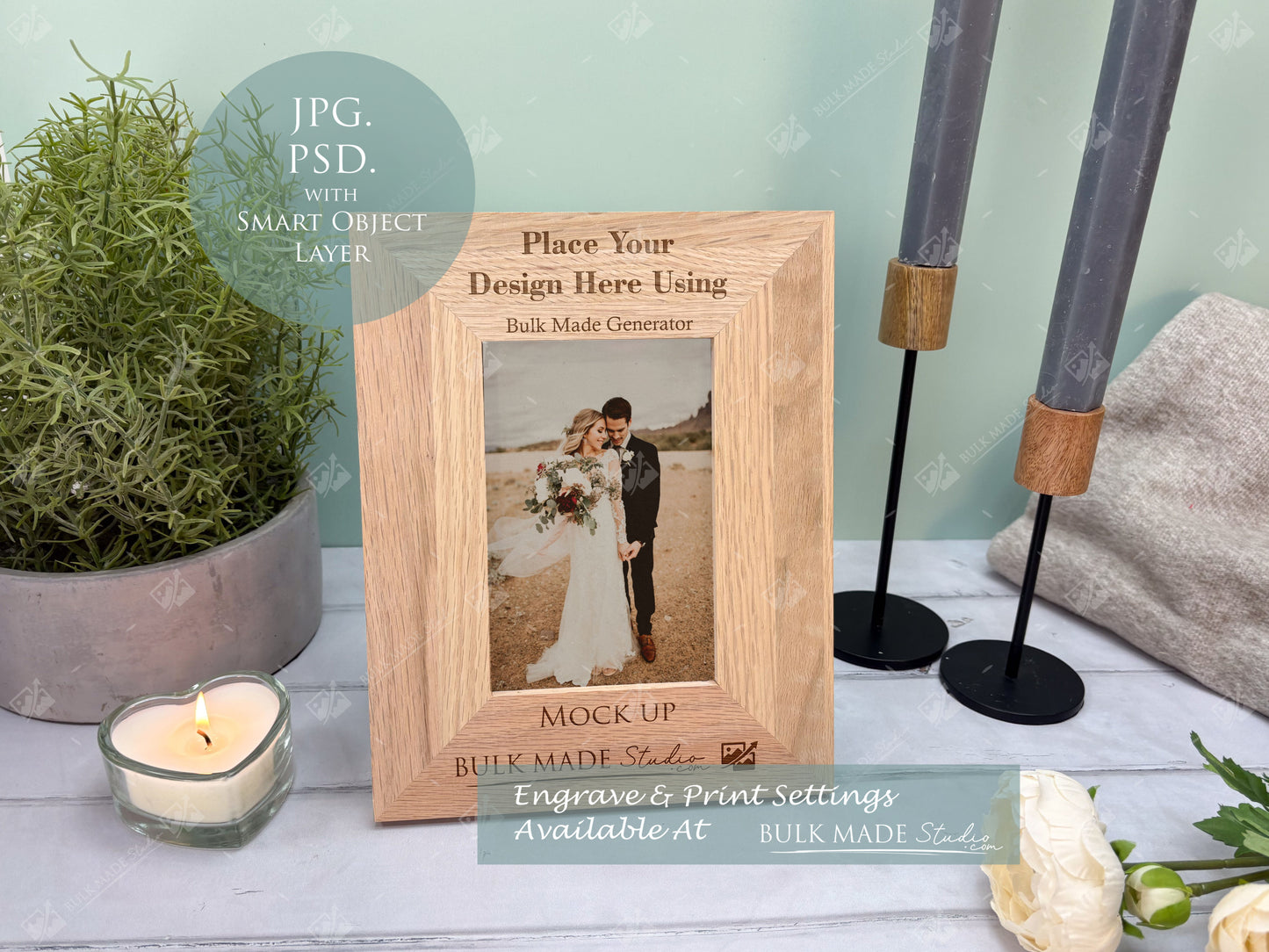 Oak 6X4" Photo Frame Mockup Bundle - Print & Engraving  - Pastel Floral - PSD Templates with Smart Object - UK Product Mockup