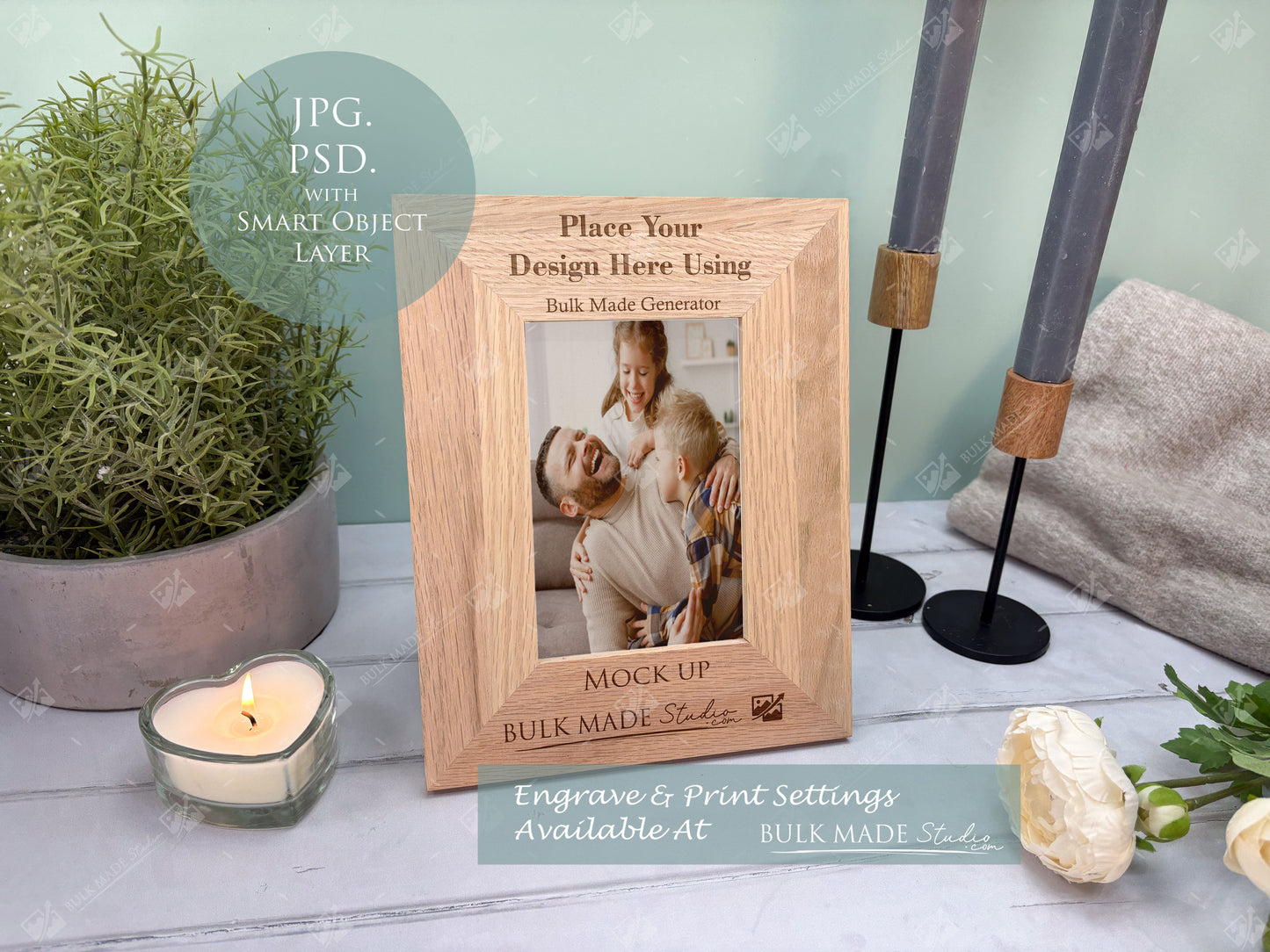 Oak 6X4" Photo Frame Mockup Bundle - Print & Engraving  - Pastel Floral - PSD Templates with Smart Object - UK Product Mockup