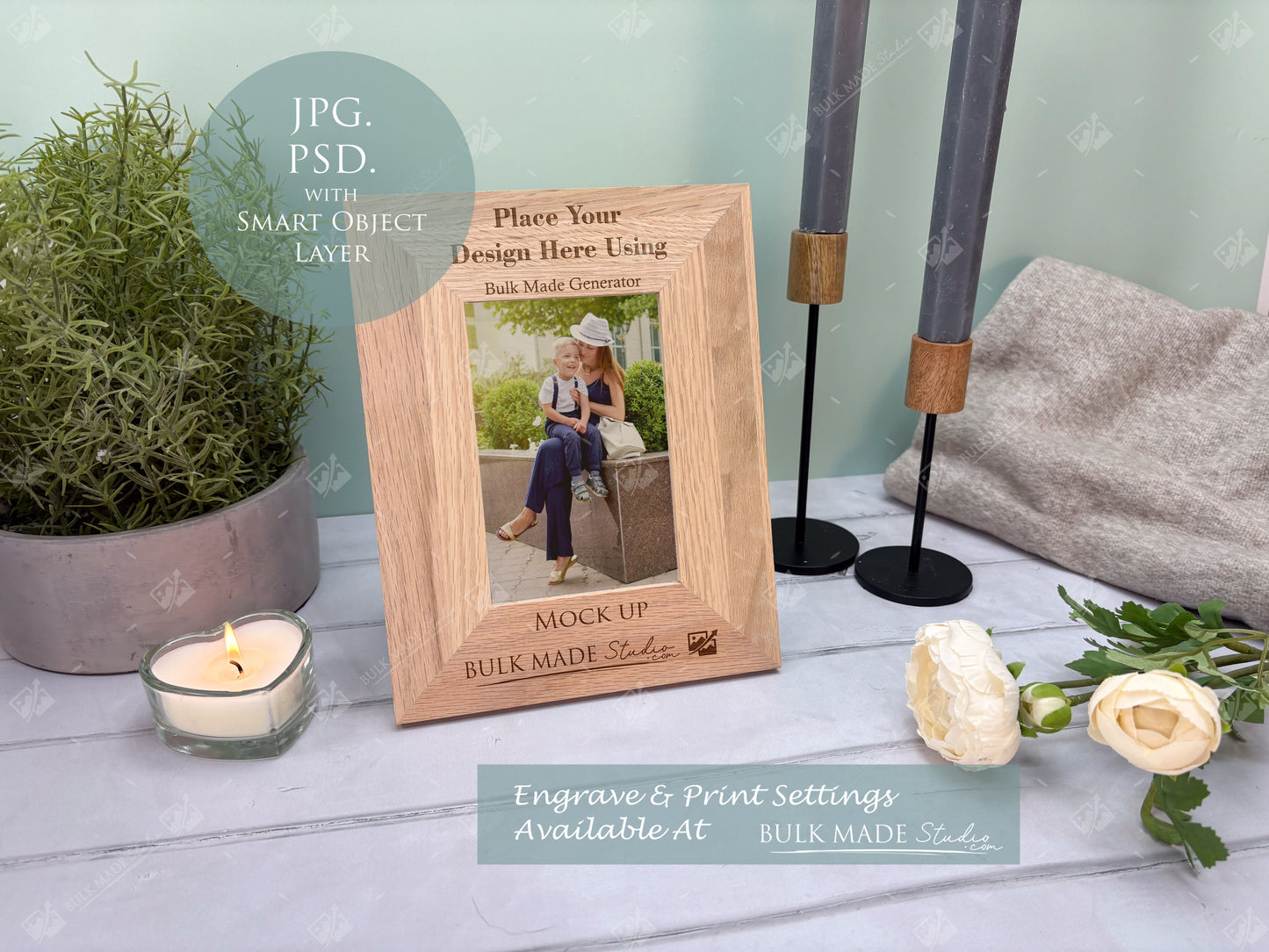 Oak 6X4" Photo Frame Mockup Bundle - Print & Engraving  - Pastel Floral - PSD Templates with Smart Object - UK Product Mockup
