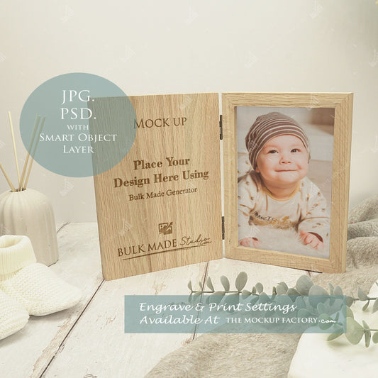 Oak Book Photo Frame Baby Theme Mockup - Print & Engraving  -Natural Botanicals - PSD Templates with Smart Object - UK Product Mockup