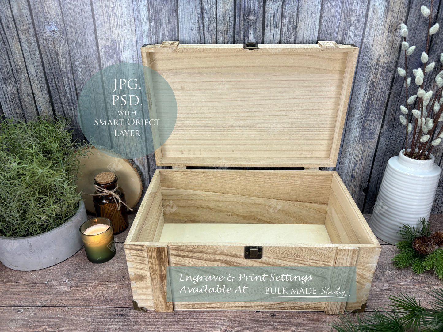 Rustic Burnt Finish Rectangle Chest Box Mockup Bundle - Engrave or Print - Scandi Pine - PSD Templates with Smart Object - UK Product Mockup