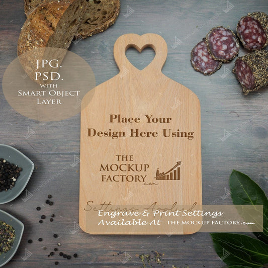 Beech Heart Cut Out Chopping Board - Plaque - Mockup - Dark Vintage - PSD Template with Smart Object - UK Product Mockup
