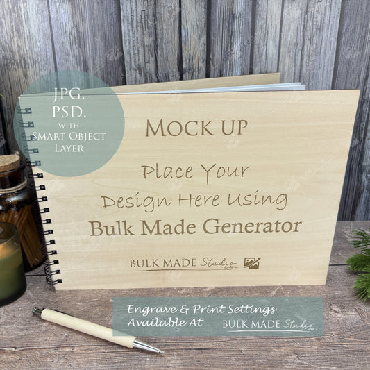 Plywood Notebook, Guest Book Mockup, Landscape & Portrait Mockup - Engraving & Print - Scandi Pine - PSD Templates with Smart Object - UK Product Mockup