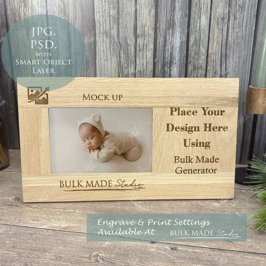 Oak Long Photo Frame Mockup PSD & JPG - Print & Engraving  - Scandi Pine - PSD Templates with Smart Object - UK Product Mockup