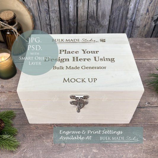 Luxury Rectangle Wooden Box Mockup - Engrave or Print - Scandi Pine - PSD Templates with Smart Object - UK Product Mockup