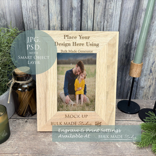 Oak 6X4" Photo Frame Mockup - Print & Engraving  - Scandi Pine - PSD Templates with Smart Object - UK Product Mockup