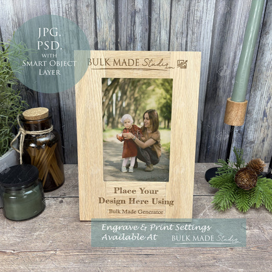 Oak Photo Frame Portrait Mockup PSD & JPG - Print & Engraving  - Scandi Pine - PSD Templates with Smart Object - UK Product Mockup
