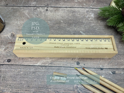 Wooden Pencil Case With Ruler Lid Mockup - Print & Engraving  - Scandi Pine - PSD Templates with Smart Object - UK Product Mockup