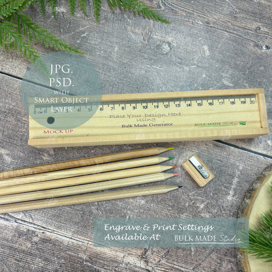 Wooden Pencil Case With Ruler Lid Mockup - Print & Engraving  - Scandi Pine - PSD Templates with Smart Object - UK Product Mockup