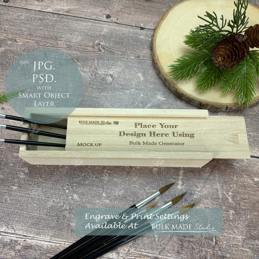 Wooden Pencil Case With Sliding Lid Mockup - Print & Engraving  - Scandi Pine - PSD Templates with Smart Object - UK Product Mockup