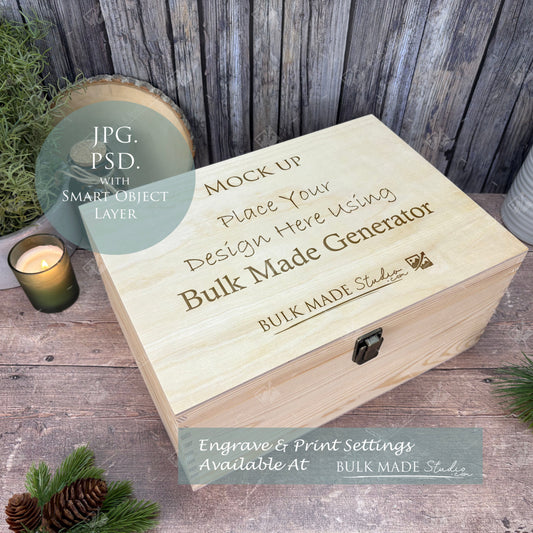 Deep Pine Rectangle Wooden Box Mockup - Engrave or Print - Scandi Pine - PSD Templates with Smart Object - UK Product Mockup