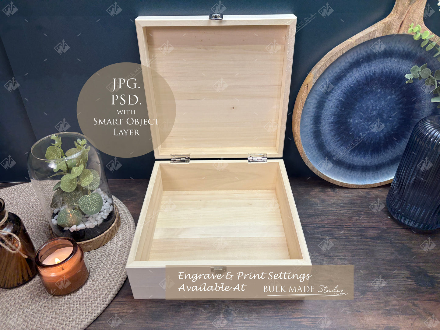 Poplar Luxury Square Wooden Box Mockup Bundle - Engrave or Print - Dark Vintage - PSD Templates with Smart Object - UK Product Mockup