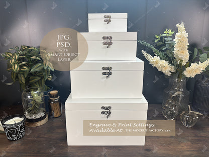 White Lacquered Luxury Rectangle Wooden Box Mockup Bundle - Printing - Dark Vintage Set 1- PSD Templates with Smart Object - UK Product Mockup