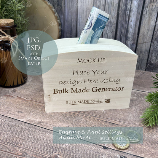 Wooden Money Box Mockup - Print- Engrave - Scandi Pine - PSD Templates with Smart Object - UK Product Mockup