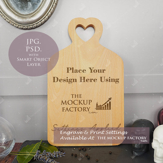 Heart Top Beech Chopping Board Mockup PSD - Dark Gothic Style Mockup - Smart Object Template with Smart Object - UK Product Mockup