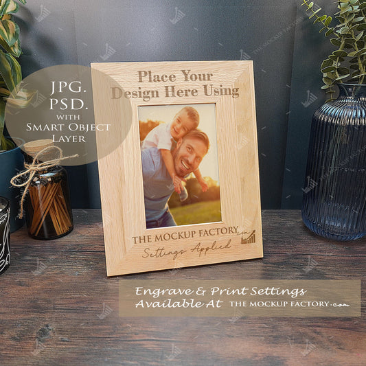 Wooden photo frame with engrave and print settings on a wooden surface with decorative items.